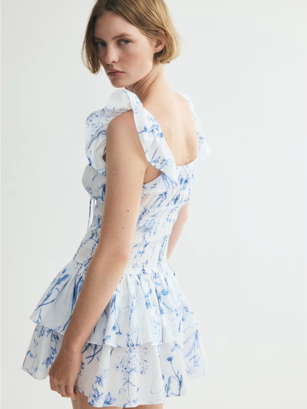 H&M Ruffle Tiered Skirt White Mini Dress with Blue Floral Print - Picture 4 of 12